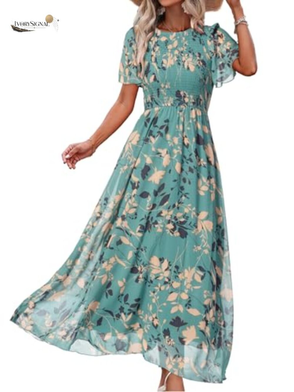 Womens Floral Chiffon Maxi Dress Smocked Flutter Sleeve